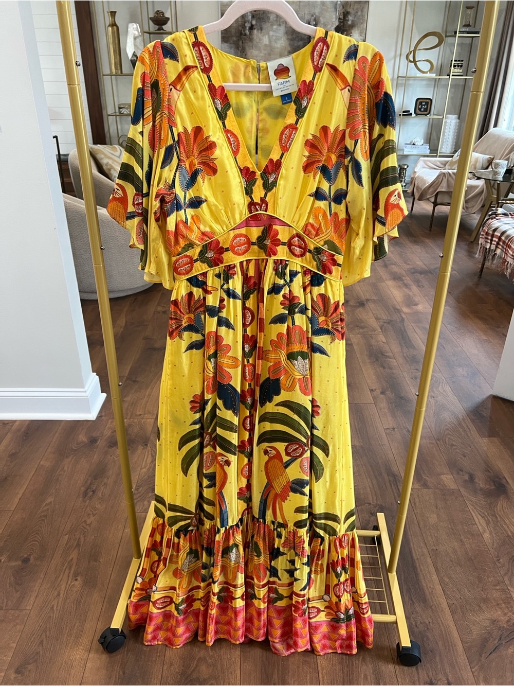 FARM Rio Yellow Tropical Floral Parrot Maxi Dress